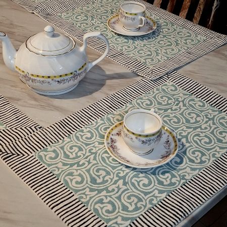 Teal Green Geometric Handmade Canvas Cotton Table Mat Set